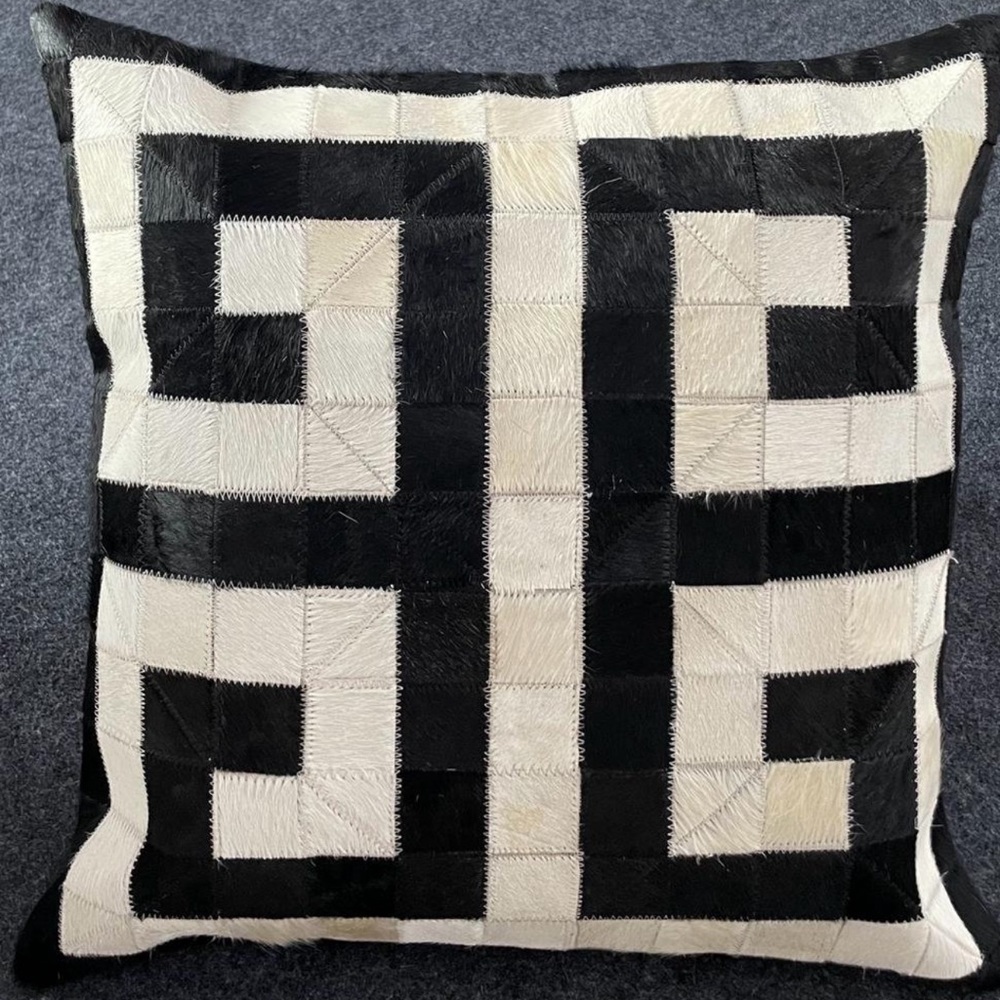 Two Handmade Genuine Leather Cowhide patchwork Cushion Cover Fur Pillow